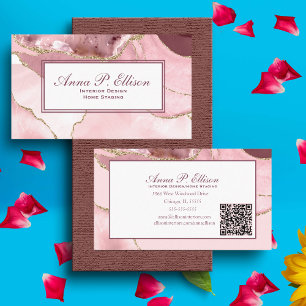 Carte De Visite Rose Blush &Gold Parties scintillant Agate QR Code