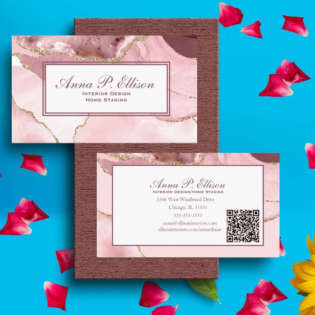 Carte De Visite Rose Blush &Gold Parties scintillant Agate QR Code (Créateur téléchargé)