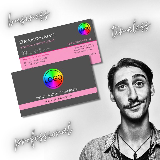 Carte De Visite Rose clair gris foncé avec logo chic professionnel (Créateur téléchargé)