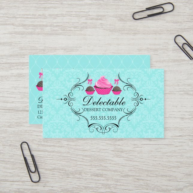 Carte De Visite Rose d'Aqua de damassé de boulangerie (Devant/Arrière en situation)