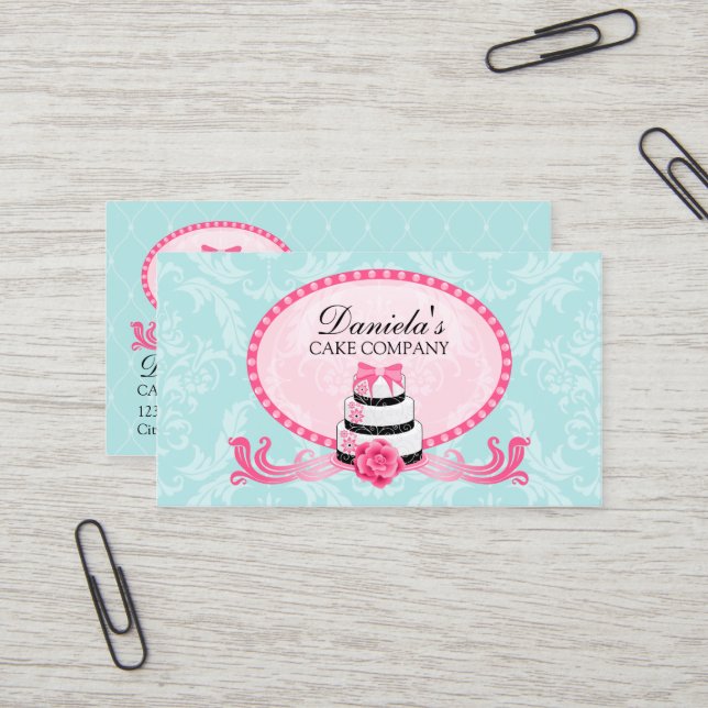 Carte De Visite Rose d'Aqua de damassé de boulangerie de gâteau (Devant/Arrière en situation)