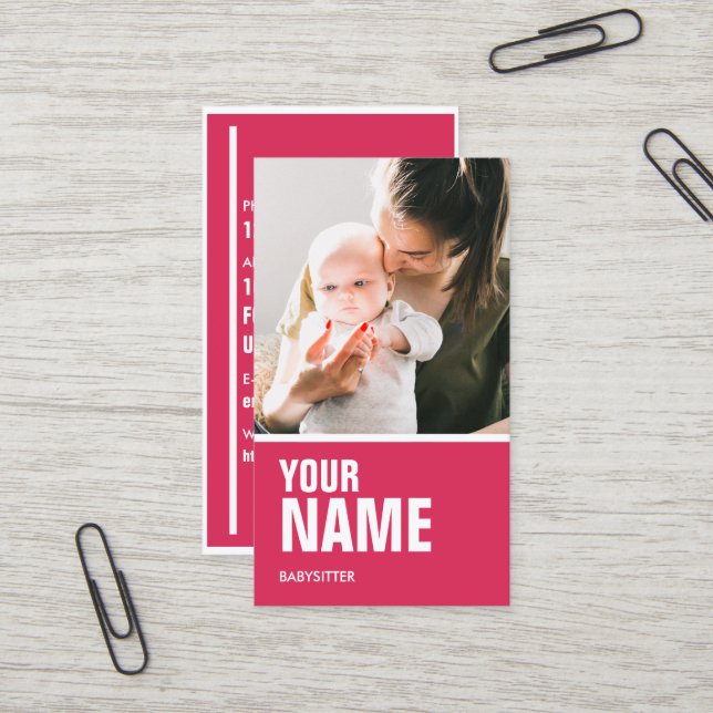 Carte De Visite Rose de babysitter (personnalisez la photo et le (Devant/Arrière en situation)
