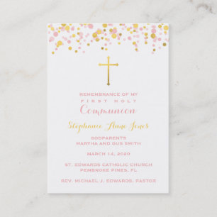 Carte De Visite Rose de communion et confettis d'or