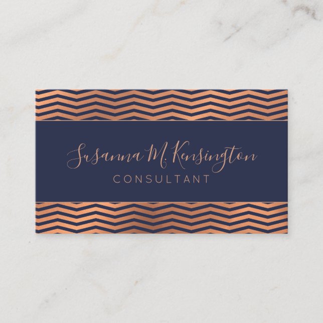 Carte De Visite Rose de cuivre moderne Gold Foil Marine Blue Chevr (Devant)