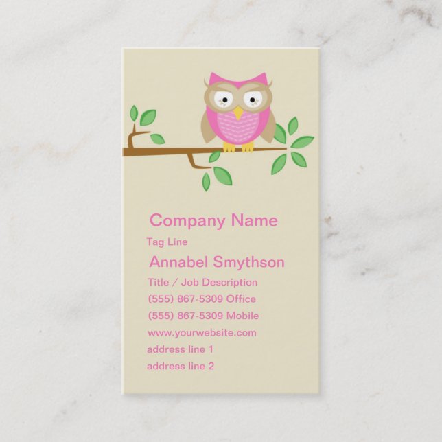 Carte de visite rose de hibou (Devant)