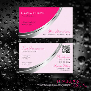 Carte De Visite Rose élégant avec décor argenté et QR-Code moderne