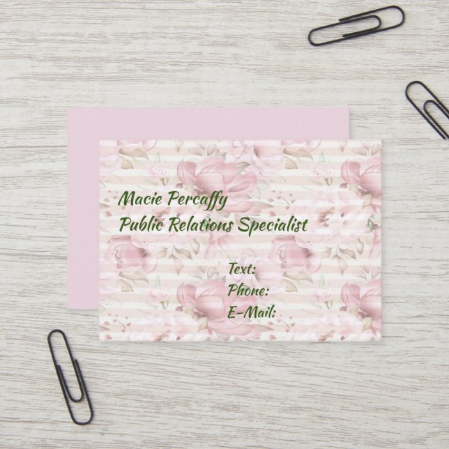 Carte de visite rose floral avec bandes (Devant/Arrière en situation)