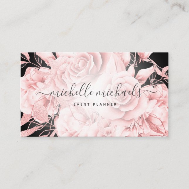 Carte De Visite Rose Floral Gold Noir Script moderne (Devant)
