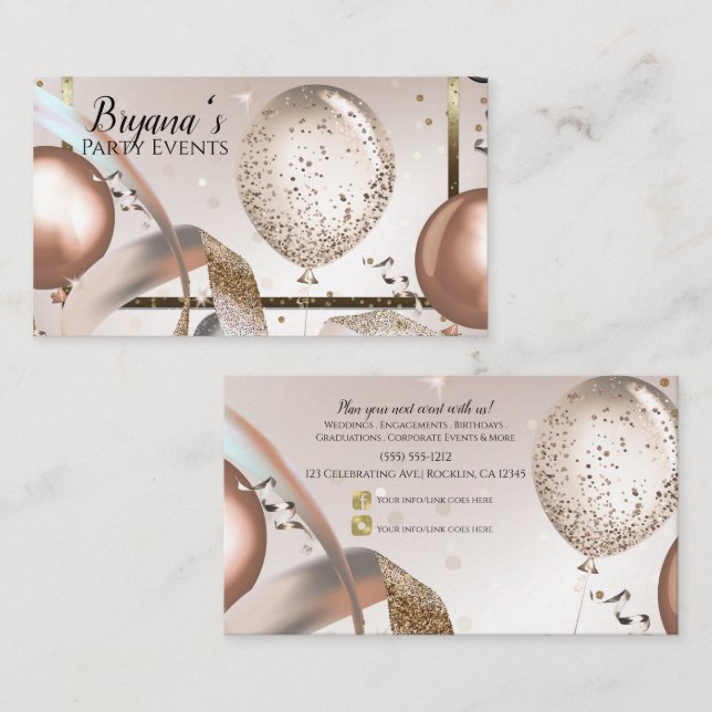 Carte De Visite Rose Gold & Ballons Pailletés Médias Sociaux Fête  (Devant / Derrière)