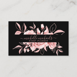 Carte De Visite Rose Gold Black Floral Aquarelle Planificateur d'é