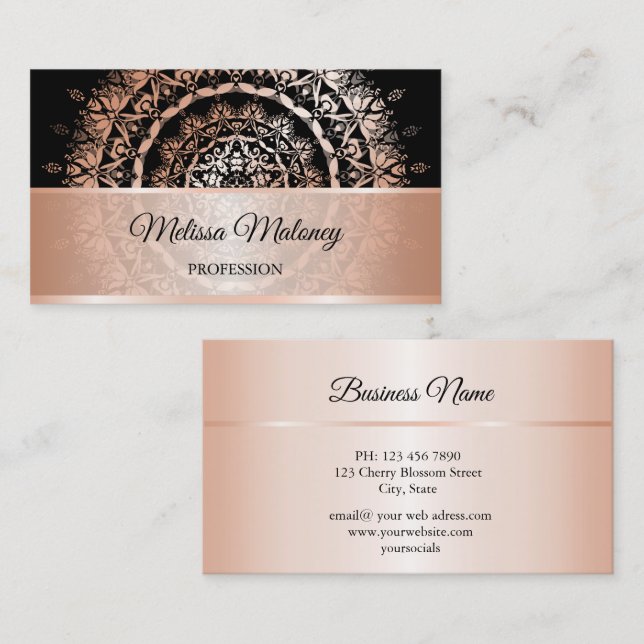 Carte De Visite Rose Gold Black Floral Damask Mandala (Devant / Derrière)