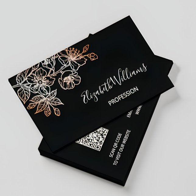 Carte De Visite Rose Gold Black Line Art Floral | Code QR (Créateur téléchargé)