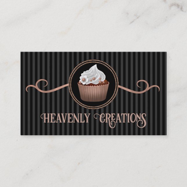 Carte De Visite Rose Gold Black Stipes Cupcake Boulangerie (Devant)