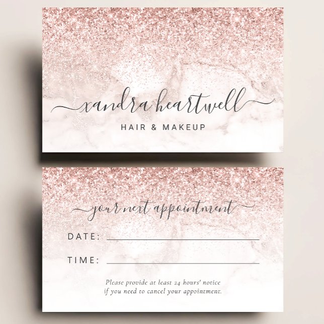 Carte De Visite Rose Gold Blush Marble Glitter Script Appointment (Créateur téléchargé)