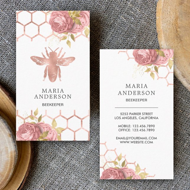 Carte De Visite Rose Gold Blush rose Floral Miel apiculteur (Créateur téléchargé)