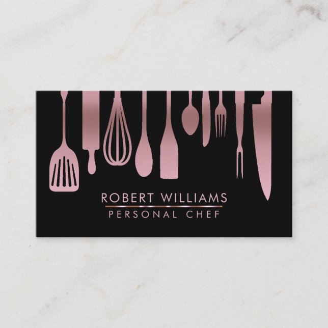 Carte De Visite Rose Gold Chef Cuisine Outils Parties scintillant  (Devant)