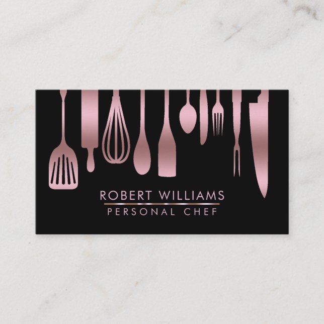 Carte De Visite Rose Gold Chef Cuisine Outils Parties scintillant  (Devant)