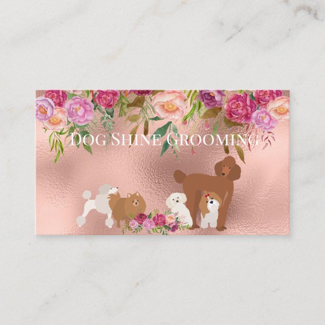Carte De Visite Rose Gold Chien Grooming Floral Animaux Services (Devant)