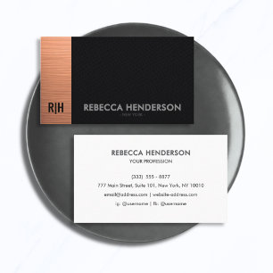 Carte De Visite Rose Gold Cuir Noir avec Monogramme Blanc au Dos