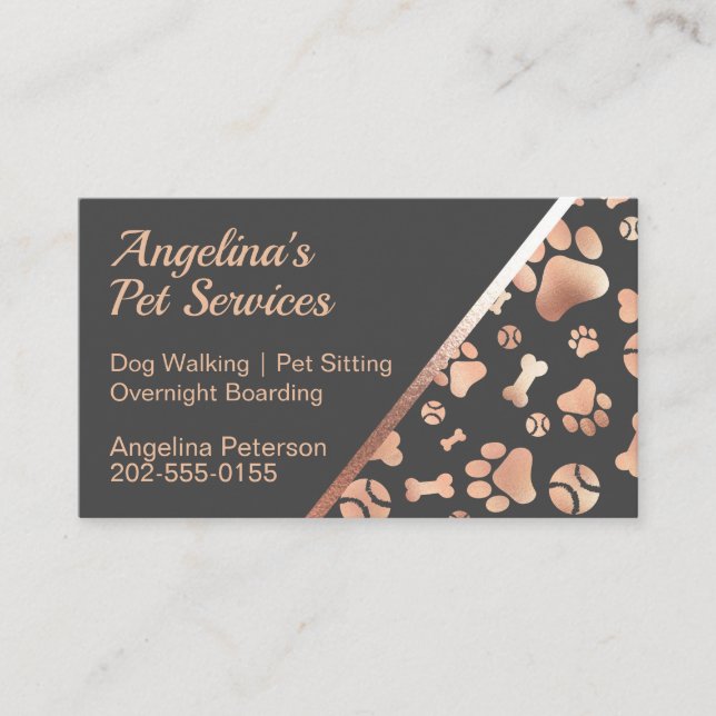 Carte De Visite Rose Gold Dog Walker Pet Empreinte de patte (Devant)