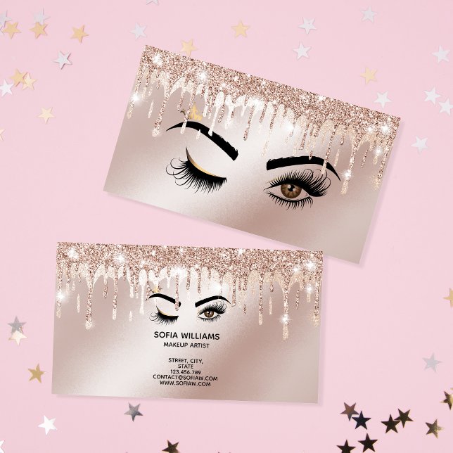 Carte De Visite Rose Gold Drips Étincelle Lashes Wink Eye Maquilla (Créateur téléchargé)
