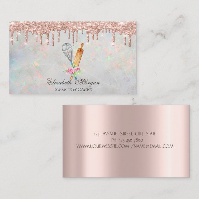 Carte De Visite Rose Gold Drives Boulangerie Opal Holographie (Devant / Derrière)