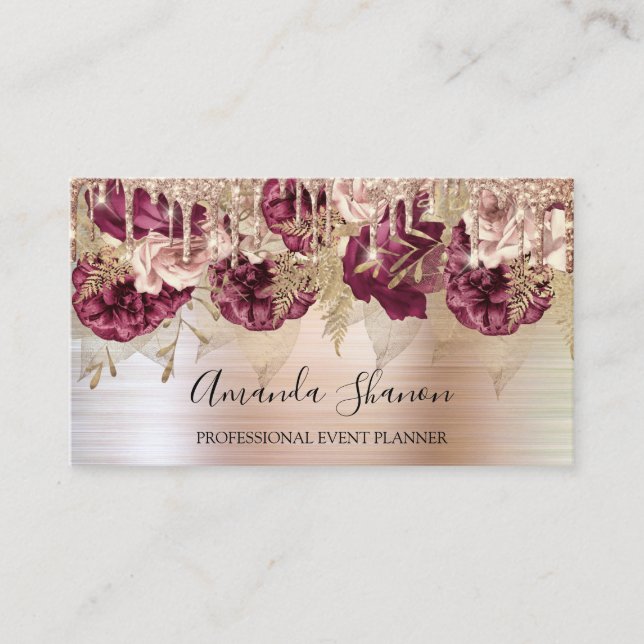 Carte De Visite Rose Gold Flowers broyé Drip QR CODE Logo (Devant)
