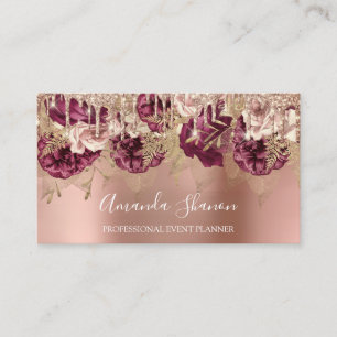 Carte De Visite Rose Gold Flowers Poudre QR CODE Logo