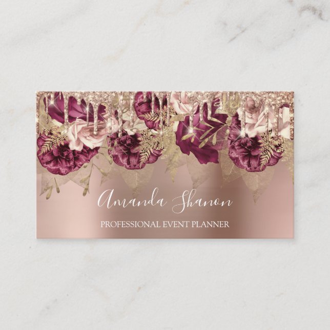 Carte De Visite Rose Gold Flowers Poudre QR CODE Logo (Devant)