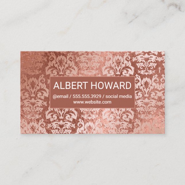 Carte De Visite Rose Gold Foil Damask Arrière - plan Metally brill (Devant)