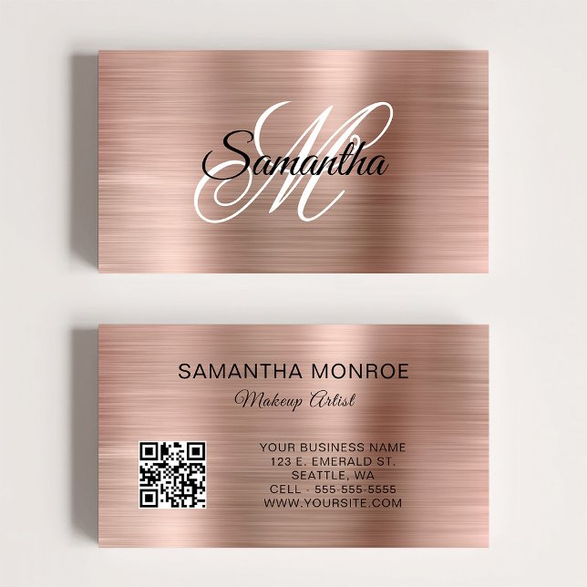 Carte De Visite Rose Gold Foil Fancy Monogram QR Code (Rose Gold Foil Fancy Monogram QR Code Business Card)