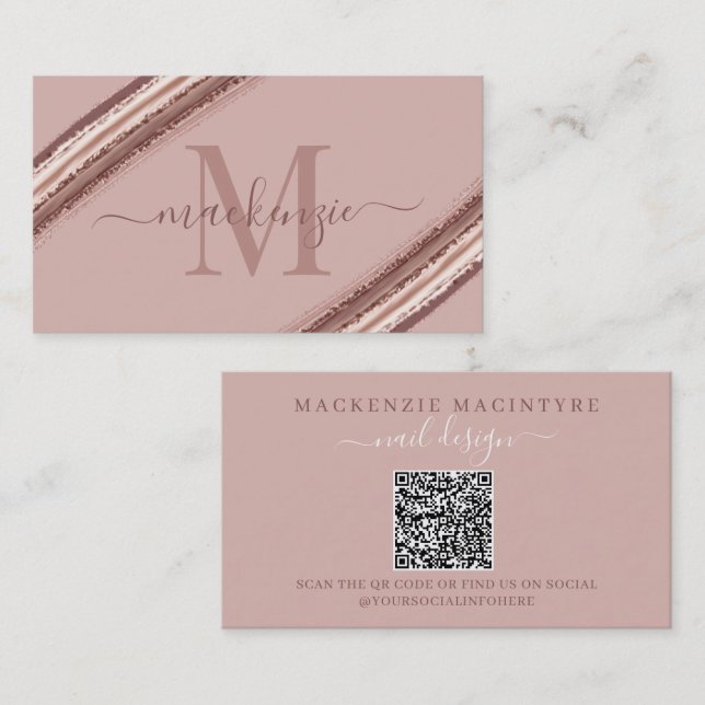 Carte De Visite Rose Gold Foil pinceau de cuivre Monogramme QR Cod (Devant / Derrière)
