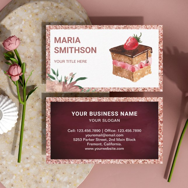 Carte De Visite Rose Gold Fraise Cake Slice Pâtisserie Chef boulan (Créateur téléchargé)