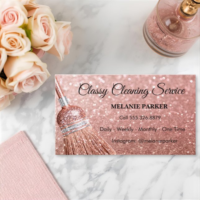 Carte De Visite Rose Gold Glitter Classy Cleaning Services (Créateur téléchargé)