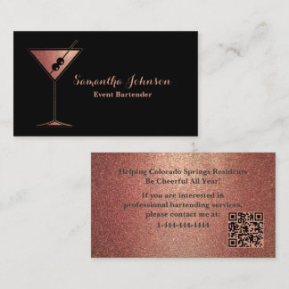 Carte De Visite Rose Gold Glitter Event Bartender QR Code