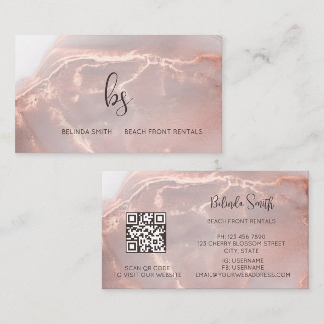 Carte De Visite Rose Gold Ink Marble Black Initials (Devant / Derrière)