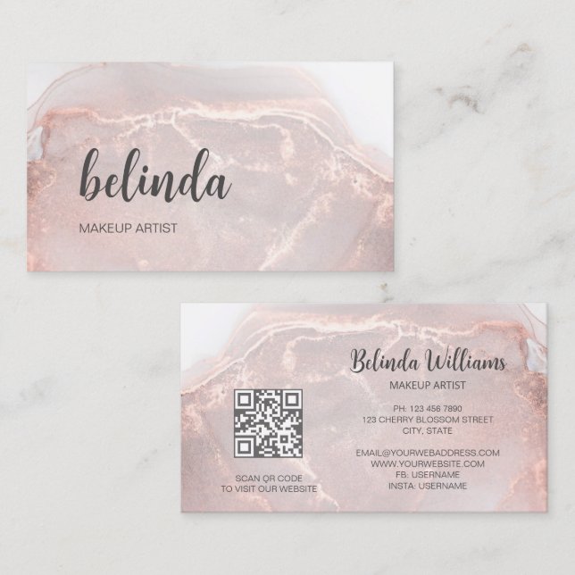 Carte De Visite Rose Gold  Ink Marble | QR Code (Devant / Derrière)
