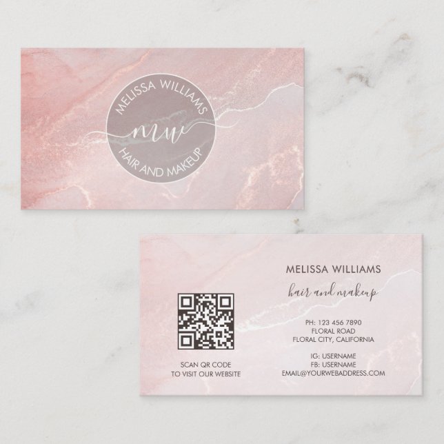 Carte De Visite Rose Gold  Ink Marble | QR Code (Devant / Derrière)