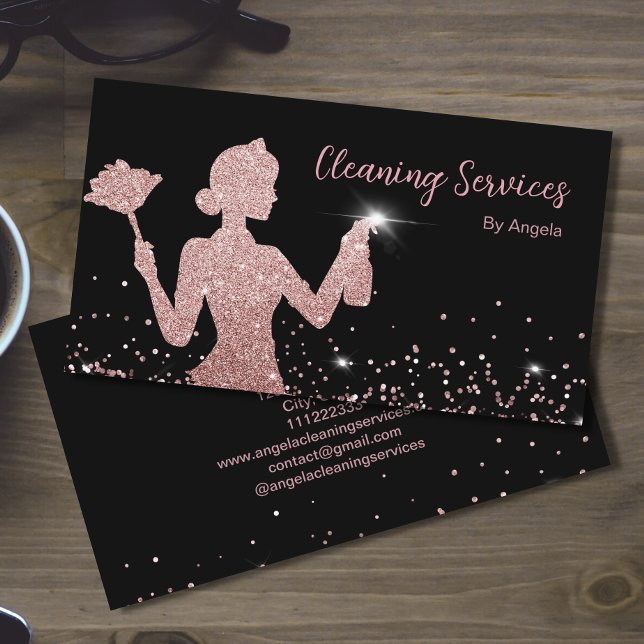 Carte De Visite Rose Gold Maid Cleaning Services Parties scintilla (Créateur téléchargé)