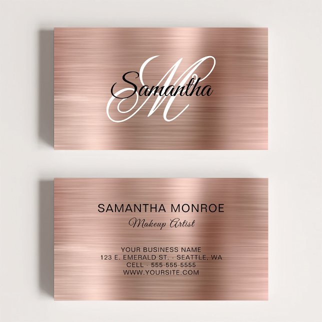 Carte De Visite Rose Gold Métallisé Monogramme Élégant (Metallic Rose Gold Fancy Monogram Business Card)