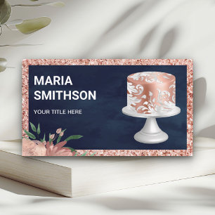 Carte De Visite Rose Gold Navy Glitter Gâteau Orné Rose Boulangeri
