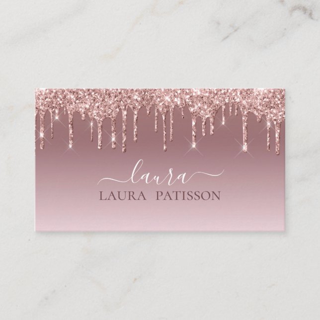 Carte De Visite Rose Gold pailleté écriture chic avec monogramme (Devant)