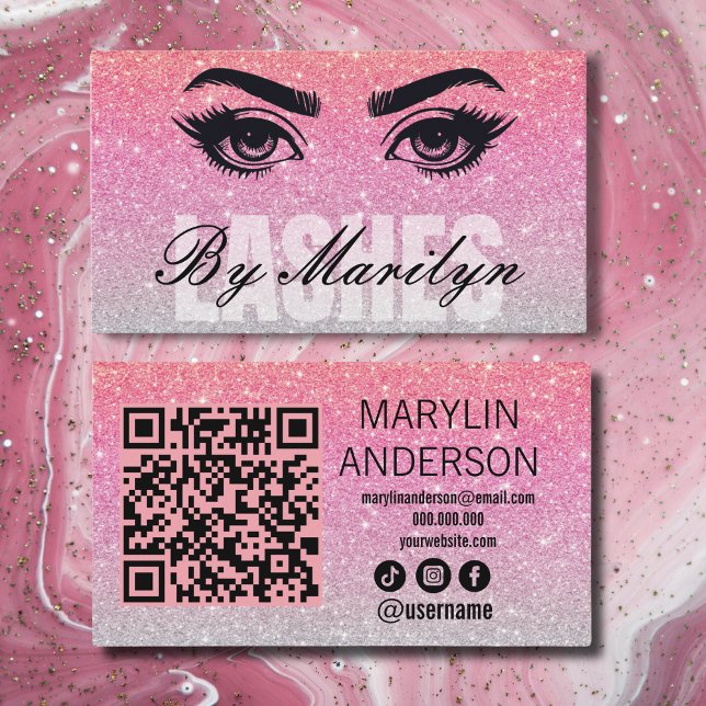 Carte De Visite Rose Gold Parties scintillant Lash Tech QR Code sc (Créateur téléchargé)