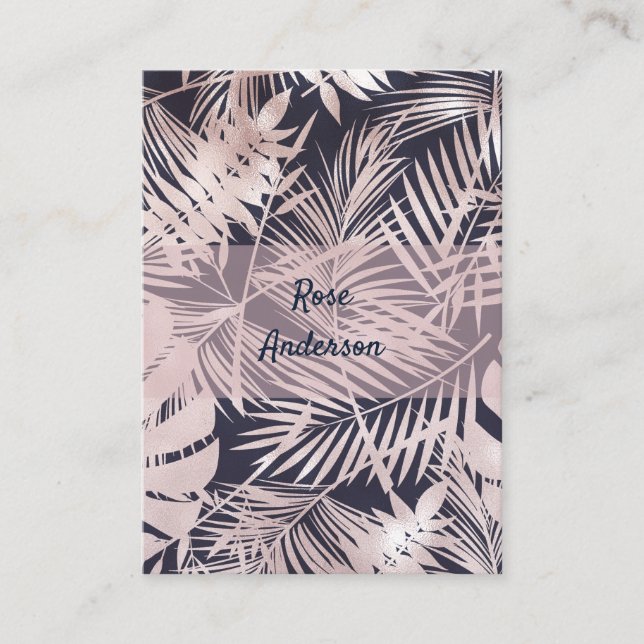 Carte De Visite Rose Gold Pink Dark Tropical Palm Tree Leaves (Devant)