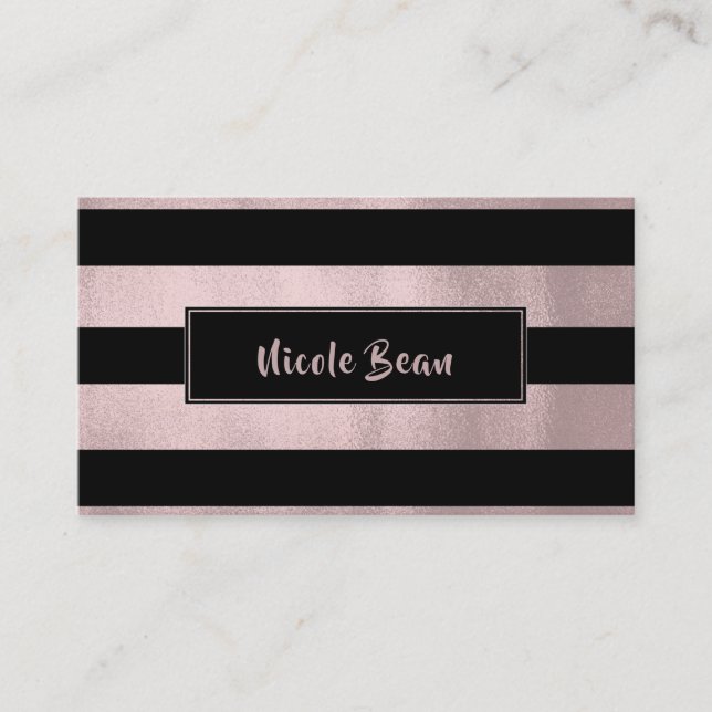Carte De Visite Rose Gold Rose & Black Stripes Chic Design Glam (Devant)