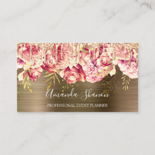 Carte De Visite Rose Gold Rose Fleurs Brown Drip QR CODE Logo