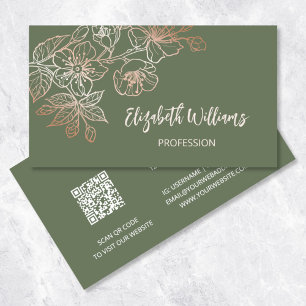 Carte De Visite Rose Gold Sage Green Line Art Floral   Code QR