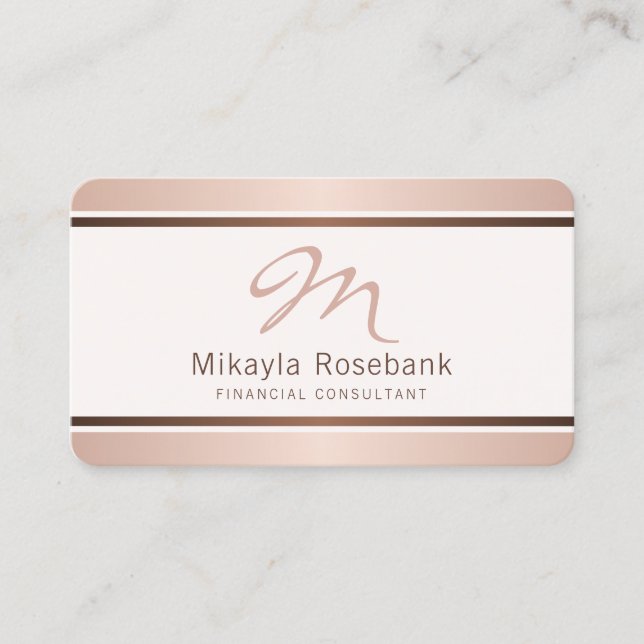 Carte De Visite Rose Gold Script Monogramme Consultant professionn (Devant)
