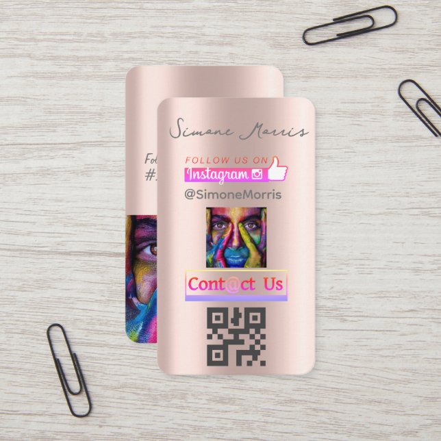 Carte De Visite Rose Gold Social Media QR Code -Photographies (Devant/Arrière en situation)