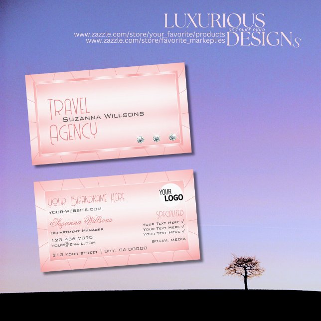 Carte De Visite Rose lumineux avec diamants et logo Luxe Glamor (Créateur téléchargé)